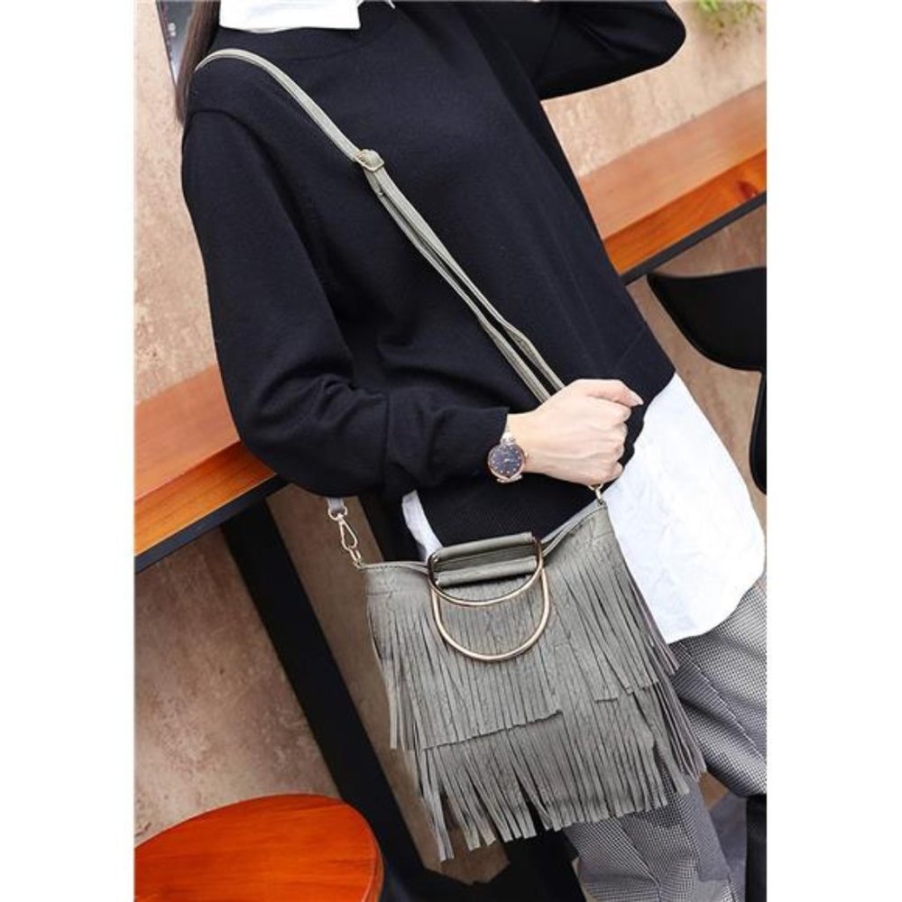 Gray Fringe Tassel‎ Fringe Crossbody Bag Leather Shoulder Bag Hobo Handbag Purse